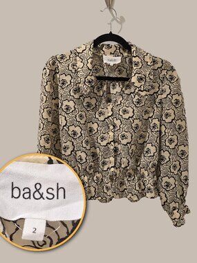 Ba&sh Paris Floral Print Blouse Size 2 Black Cream Rose Top
